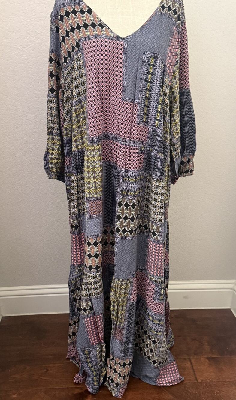 Ellos Womens 28 Plus Size Gray Patchwork Maxi Shift Dress Long Sleeve Boho